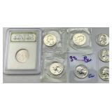 7 90% Silver Washington Quarters, Slab Quarter.