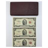 3 1953 Red Seal Two Dollar Notes W/ Case.