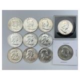 11 90% Silver High Grade 1955-61 Franklin Halves.