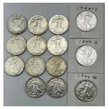 14 90% Silver 1934-46 Walking Liberty Halves.