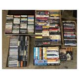 CDs, Cassette Tapes, VHS & DVD Movies.