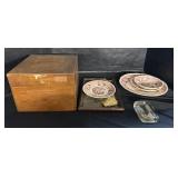 Transferware Plates, Wooden Box, B&W Photo.