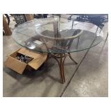 Vtg Glass-Top Bamboo & Rattan Table.