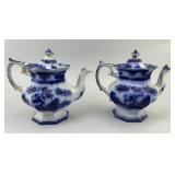 2 19th C English Ironstone Flow Blue Teapots.