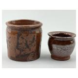 Antique Redware Pottery Mottled Miniature Crocks.