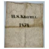 H.S. Kraybill Burlap Feed Bag Dated 1871.