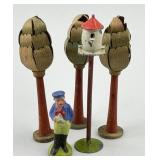 German Composition & Wood Trees, Birdhouse & Man.