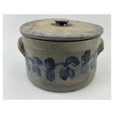 Late 1800s Blue Slip Lidded Stoneware Cake Crock.