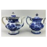 2 19th C Wedgwood Ironstone Flow Blue Teapots.