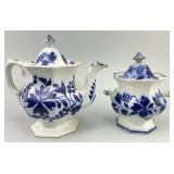 Flow Blue Leaf Chinoiserie Teapot & Sugar Bowl.