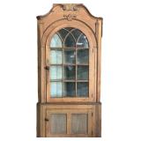 19th C Antique Arched Glass Door Corner Cabinet.