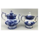 2 19th C English Ironstone Flow Blue Teapots.