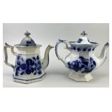 2 19th C English Hexagonal Flow Blue Teapots.