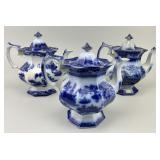 3 English Flow Blue Hexagonal Teapots.