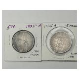 1935-H, 1935-A .900 Silver German 5 Reichsmark