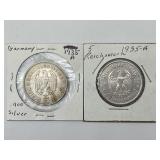 2 1935-A .900 Silver German 5 Reichsmark Coins.
