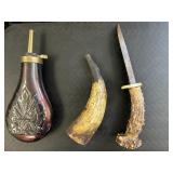 Powder Horn & Flask, Stag Handled Hunting Knife.