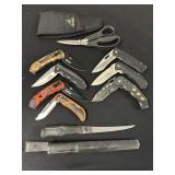 7 Pocket Knives, Fillet Knife, Gerber Shears.