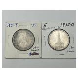 1935G, 1935J .900 Silver German 5 Reichsmark