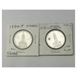 2 1934-J .900 Silver German 5 Reichsmark Coins.
