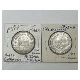 2 .900 Silver 1935-A German 5 Reichsmark Coins.