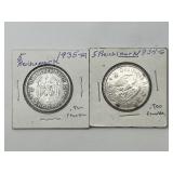 1935-A, 1935-G .900 Silver German 5 Reichsmark