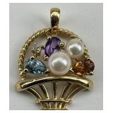 14KT Gold Pearl, Diamond, & Gem Basket Pendant.