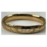 14KT Gold Monogrammed Etched Filigree Bangle.