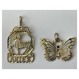 2 14KT Gold Aries Zodiac & Butterfly Pendants.