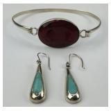 Sterling Silver Turquoise & Red Gem Jewelry.