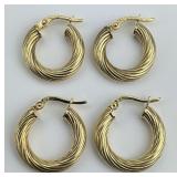 2 Pairs of 14KT Gold Textured Hoop Earrings.