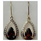 14KT Gold Garnet & Diamond Chip Earrings.