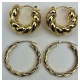 2 Pairs of 14KT Gold Twister Hoop Earrings.