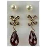 2 Pairs of 14KT Gold Pearl & Garnet Earrings.