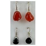 2 Pairs of 14KT Gold Onyx & Carnelian Earrings.