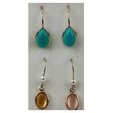 2 Pairs 14KT Gold Turquoise & Moonstone Earrings.