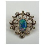 14KT Gold Black Opal, Diamond, and Pearl Brooch.