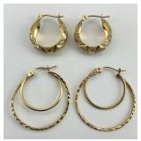 2 Pairs of 10KT Gold Textured Hoop Earrings.