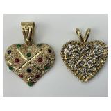 2 14KT Gold Multi Gemstone Heart Pendants.