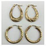 2 Pairs of 10KT Gold Textured Hoop Earrings.