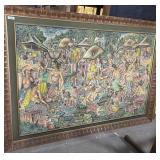Large Vintage Balinese Market Scene Painting.