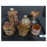 Carnival Glass Jars, Cups, and Serving Dish.