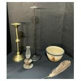 Brass Candlestick, Quill, Monroe Salt Works Bowl.