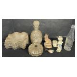 EAPG Glass Decanter & Dishes, Chalkware Figurine.