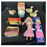 Tin Litho Wind Up Toys, Avon Doll, Side Dumper.
