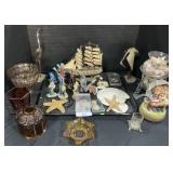 Seashells, Glass Lamp Shades, Animal Figurines.