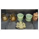 Marigold Carnival Glass, McCoy Planters, Trivet.