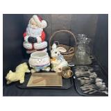 Ceramic Santa, Bunny Cookie Jars, Flatware.