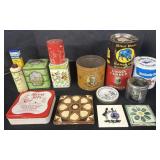 Vintage Adv Tins, Ceramic Trivets.
