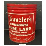 Vintage Lancaster PA Kunzlers Pure Lard 40lb Tin.